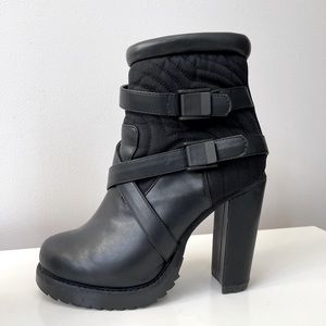 Black Platform Ankle Boots with Ski Clasp Straps